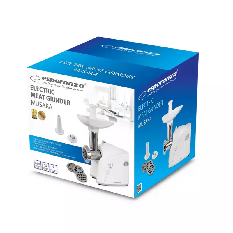 Picadora de carne eléctrica ESPERANZA EKM032 — 2200 W, blanca, 3 discos perforados, accesorios para kibbeh y salchichas