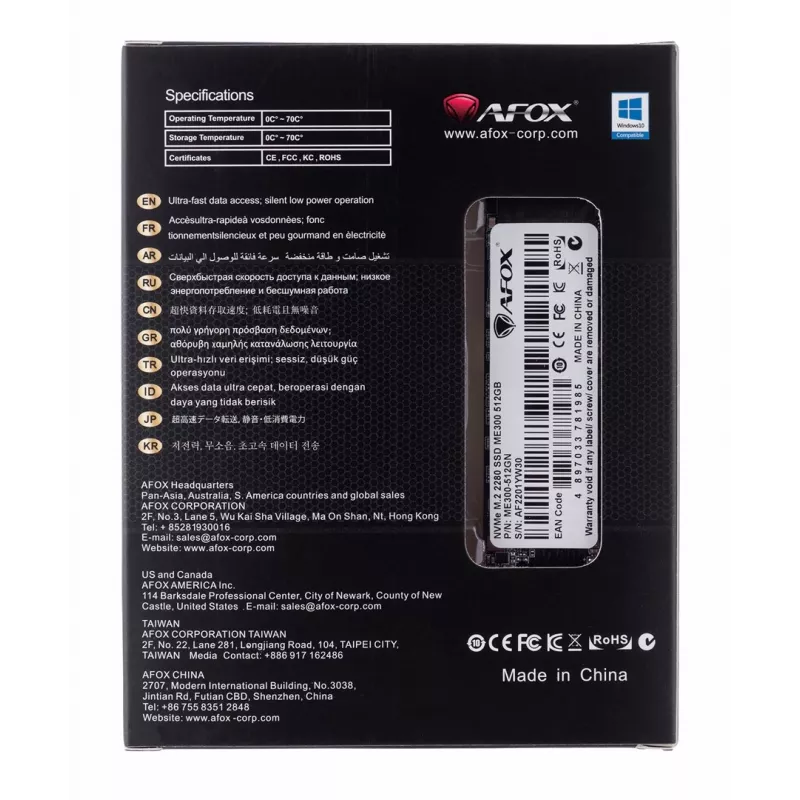 AFOX ME300-512GN unidad SSD M.2 2280 512 GB PCIe 3.0 NVMe TLC