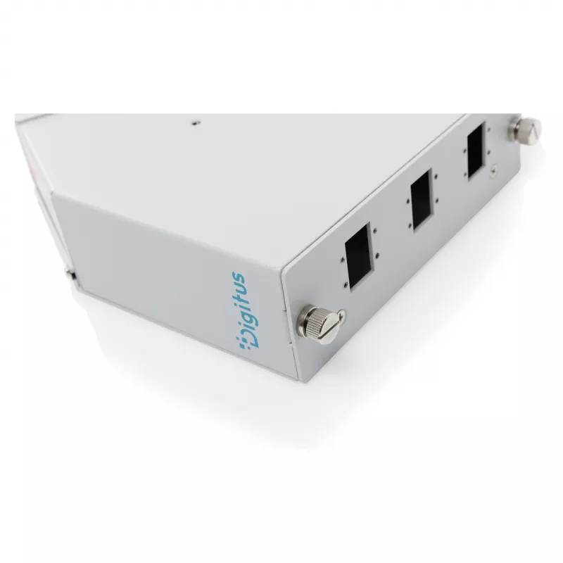 Distribuidor de empalme de fibra óptica para carril DIN DIGITUS DN-96894 — en ángulo, 6 SC SX / LC DX, aluminio, gris