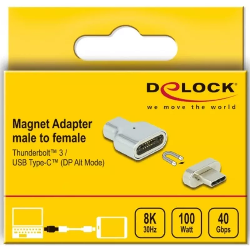 DeLOCK - adaptador Thunderbolt / USB-C - USB-C (M) magnético a USB-C (H) - USB 3.2 Gen 2 / Thunderbolt 3 4,5 A - compatible con 8K - plata (66433)