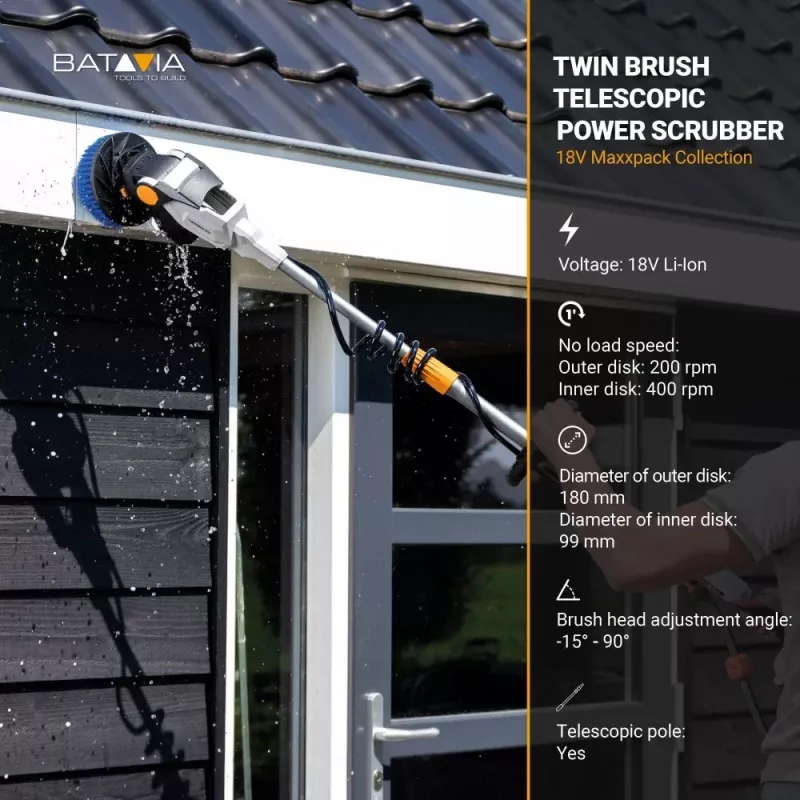 Batavia B.V. | 18V Twin Brush - Sistema de cepillo a batería con motor sin escobillas y mango telescópico, sin batería ni cargador | IPX7