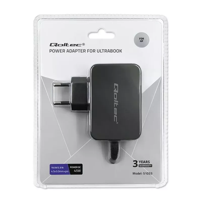 Qoltec 51033 adaptador de corriente para ultrabooks HP, 45 W, 19,5 V, 2,31 A, 4,5x3,0 mm + pin, para interior, negro