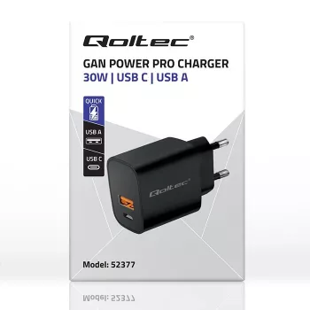 Fuente de alimentación QOLTEC 52377 GaN 30W salida 5–20V para dispositivos portátiles