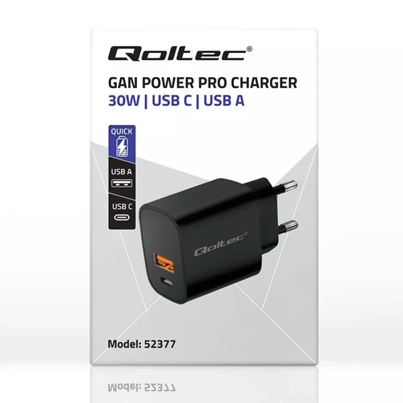 Fuente de alimentación QOLTEC 52377 GaN 30W salida 5–20V para dispositivos portátiles