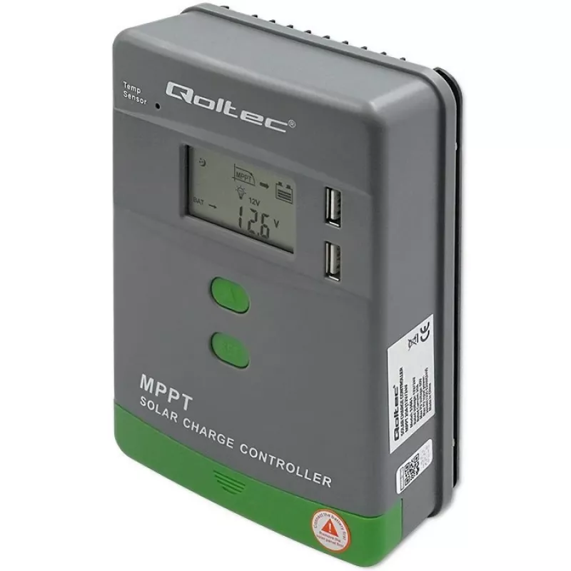 Qoltec, Regulador de carga solar MPPT con sensor de temperatura 20A 12V/24V Pantalla LCD 2 X USB