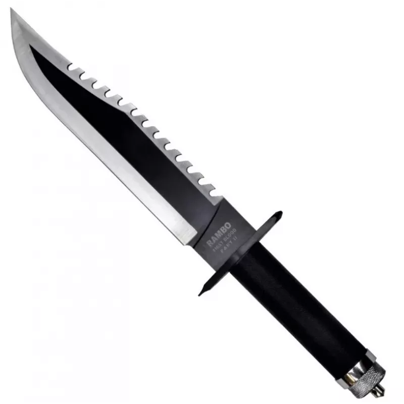 Cuchillo de supervivencia fijo Cinema Classic CC-H2 — 400 mm de longitud total, hoja de acero 250 mm, lisa y dentada, empuñadura negra, incluye funda de cuero