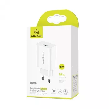 Cargador usams T22 18W QC 3.0 con Cable USB-C — Cargador Rápido de 18W, Quick Charge 3.0
