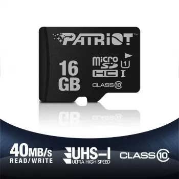 Tarjeta de memoria MicroSDHC PATRIOT PSF16GMDC10 — 16 GB, Class 10, UHS-I (U1), 80 MB/s, negro