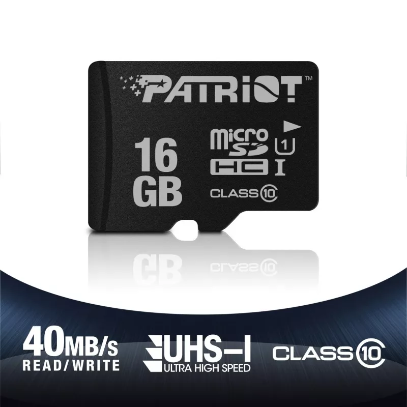 Tarjeta de memoria MicroSDHC PATRIOT PSF16GMDC10 — 16 GB, Class 10, UHS-I (U1), 80 MB/s, negro