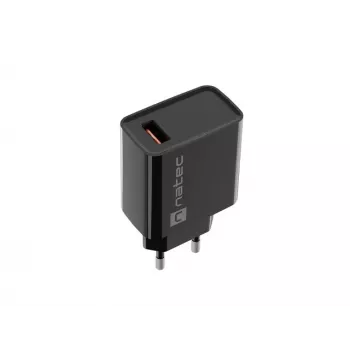 Cargador rápido de CA para interiores NATEC, con cable, Ribera – 18 W (5–15 V, hasta 3 A), 1x USB-A, Huawei FCP/SCP, negro