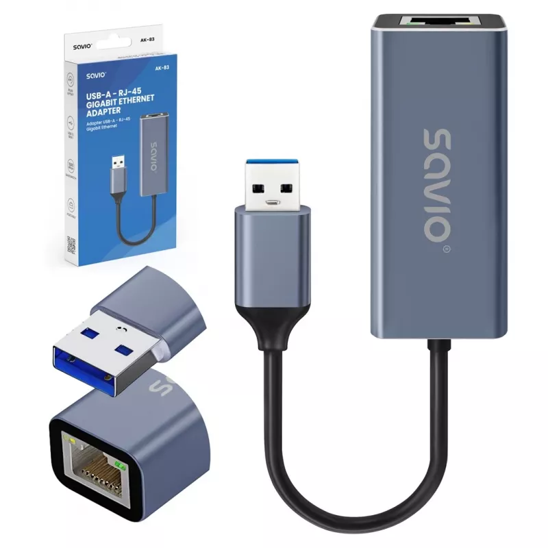 Adaptador de interfaz de red SAVIO AK-83 USB Type-A a RJ-45 macho, 5 Gbit/s, negro