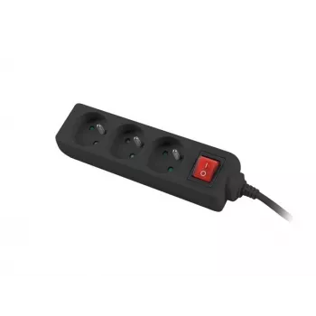 Regleta 3 m, negra, 3 tomas, con interruptor, cable de cobre macizo