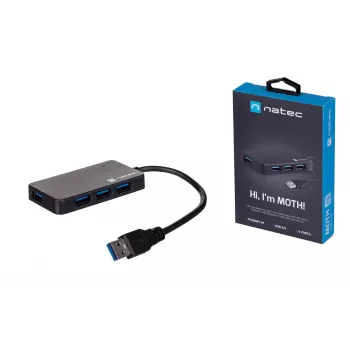 Hub USB NATEC Moth 4 puertos USB 3.2 Gen 1 Type-A (5000 Mbit/s), alimentado por USB, negro, cable de 0,15 m