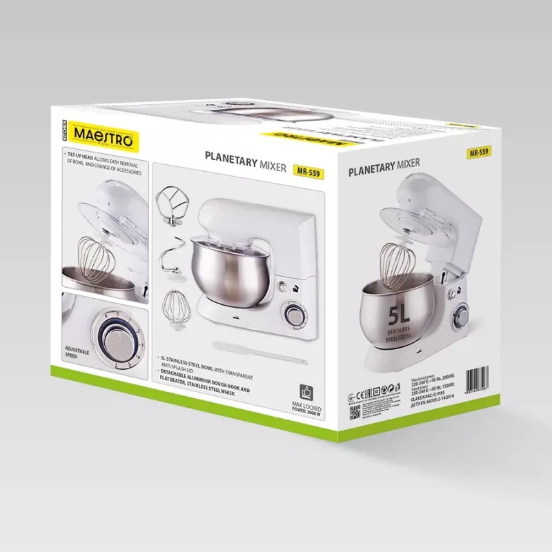Batidora planetaria Maestro MR-559, vaso de acero inoxidable de 5,0 L, 2000 W, 6 velocidades, control giratorio