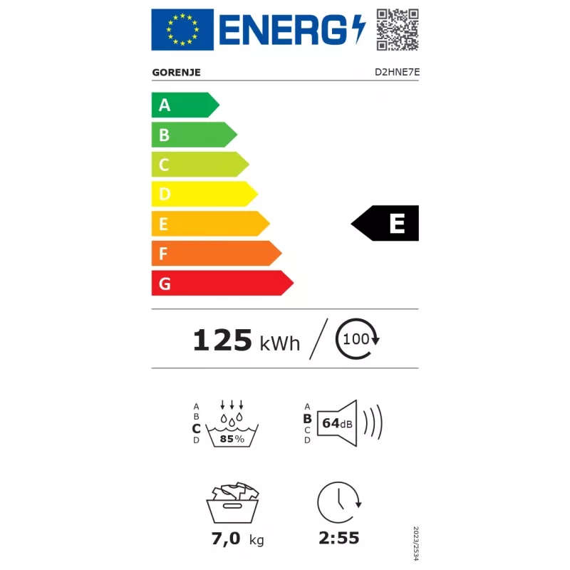 Secadora Gorenje | D2HNE7E | Clase de eficiencia energética E | Carga frontal | 7 kg | Bomba de calor | LED | Profundidad 51 cm | Blanca