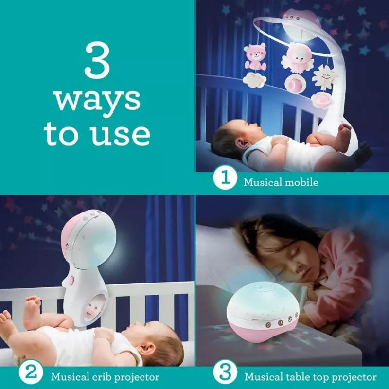 Caja de música para bebés B-kids 3en1 Infantino 150302050 – rosa polvo, juguete relajante 3 en 1