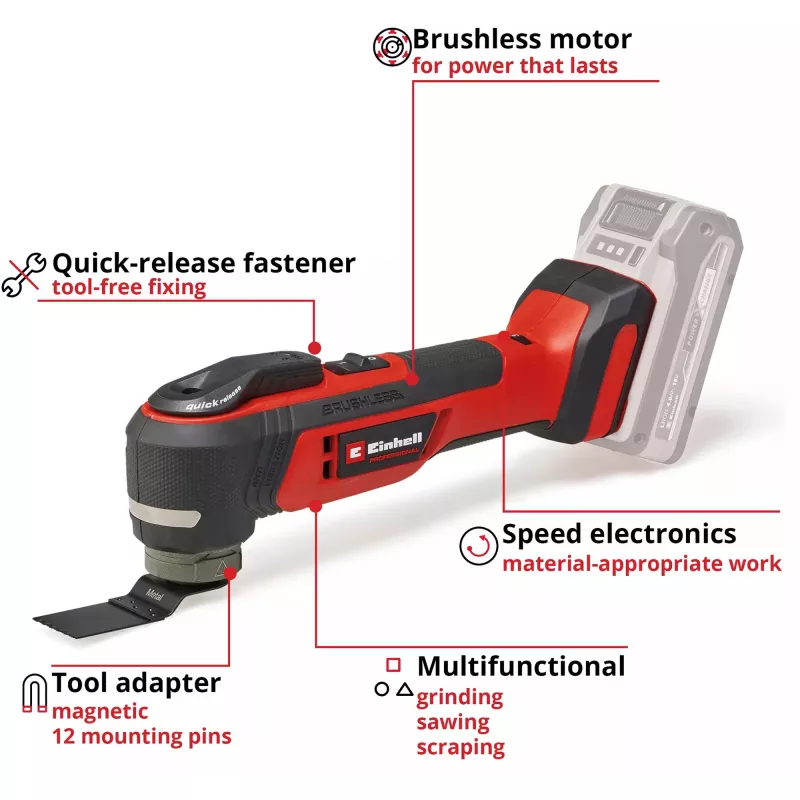 Einhell TP-MG 18 Li BL Solo Professional herramienta multifunción a batería, 18 V, sin escobillas, hasta 40.000 oscilaciones/min, sin batería ni cargador, con accesorios, rojo/negro