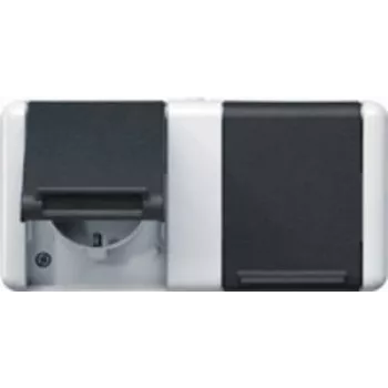 Toma de corriente tipo F JUNG 8220 W — IP44, 250V/16A, carcasa de termoplástico, 151×75×58 mm, negro/blanco