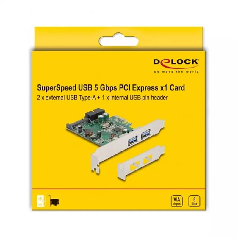DeLOCK Tarjeta PCI Express x1 a 2 x USB 3.2 Gen 1 Type-A + 1 x conector interno de 19 pines
