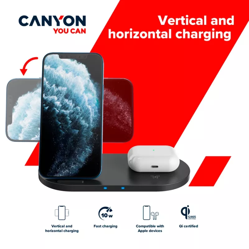 Cargador Base de acoplamiento inalámbrica 2en1 QI 10W/USB-C/LED negra