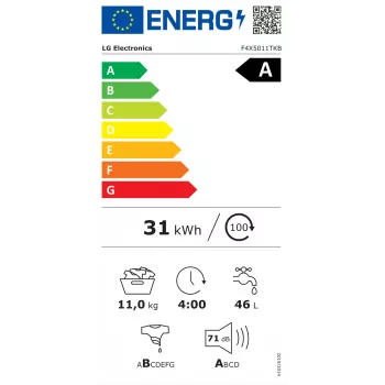 LG lavadora F4X5011TKB, A, carga frontal, capacidad de lavado 11 kg, profundidad 56,5 cm, 1400 rpm, LED, blanco | LG