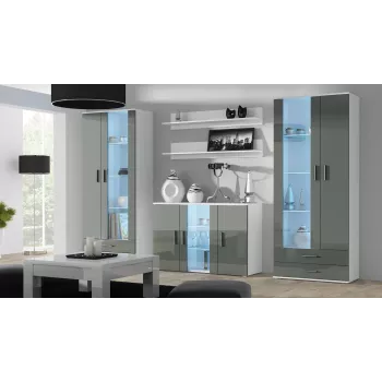 Aparador Cama Meble SOHO S7, 120 cm, blanco/gris alto brillo, 3 puertas, 4 baldas