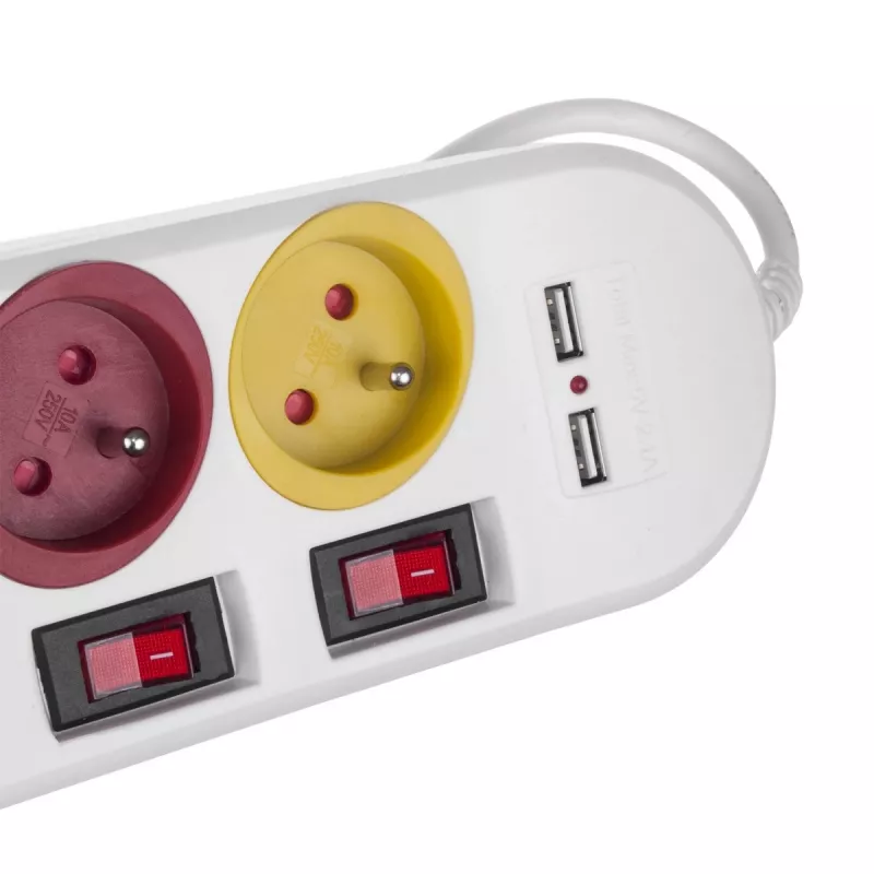 Regleta MACLEAN MCE229W — 4 tomas, 2× USB, cable de 1,5 m, tipo F, 10 A, blanca
