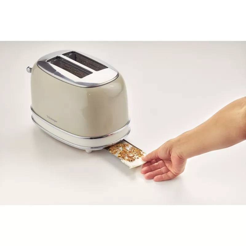 Tostadora Ariete 155 Design de 2 ranuras con cestillos para sándwich, 6 niveles de tostado, 810 W, carcasa de acero inoxidable, bandeja recogemigas extraíble, beige pastel