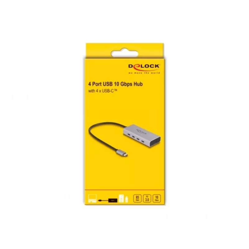 Hub USB DELOCK 10 Gbps Type-C 4 puertos PD 85W cable 30 cm