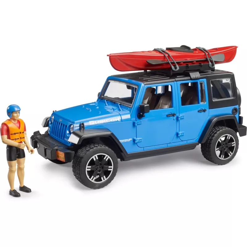 Vehículo de juguete BRUDER Jeep Wrangler Rubicon Unlimited con kayak y figura BR-02529