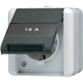 JUNG 820 NA W WG 800 Base Schuko de superficie, IP44, con campo de rotulación