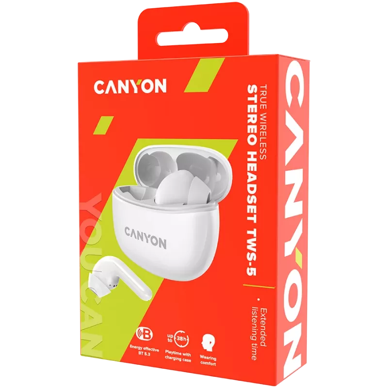 Canyon TWS-5 Auriculares Bluetooth, con micrófono, BT V5.3 JL 6983D4, respuesta de frecuencia: 20Hz-20kHz, batería auriculares 40mAh*2 + estuche de carga 500mAh, Type-C