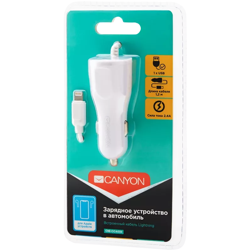 CANYON Cargador para coche C-033 2,4A/USB-A con conector Lightning integrado Blanco