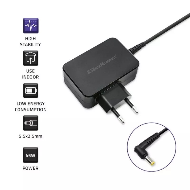 Cargador QOLTEC 52407 para Toshiba Ultrabook 45W 19V 2,37A fuente de alimentación