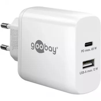 Cargador rápido dual USB-C, PD, GaN, 65 vatios (blanco, 1x USB-C, 1x USB-A, Power Delivery)