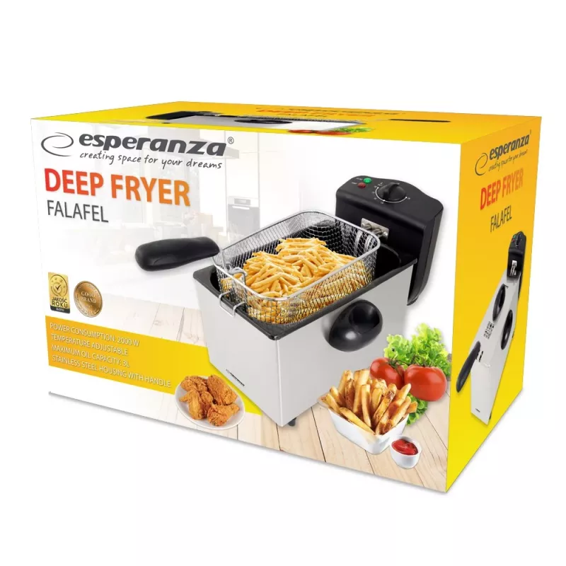 Freidora ESPERANZA FALAFEL Single 3 L — cubeta de acero inoxidable, 2200 W, termostato ajustable