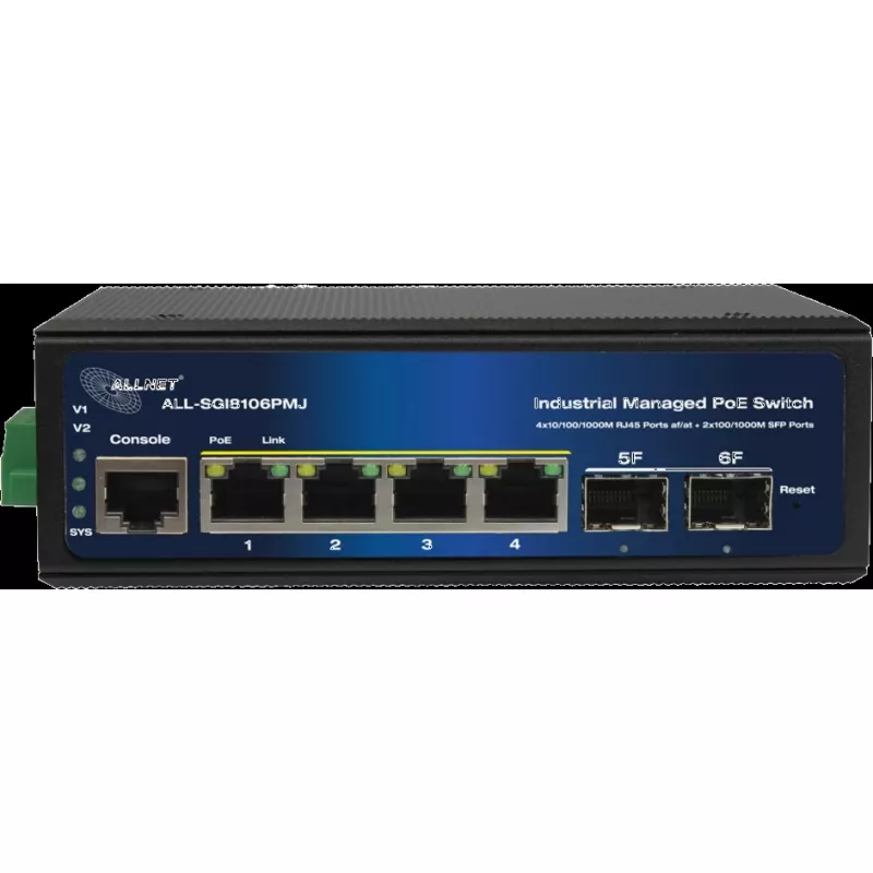 Switch PoE industrial ALLNET ALL-SGI8106PMJ-BT — 6 puertos (4 PoE+), carcasa metálica robusta
