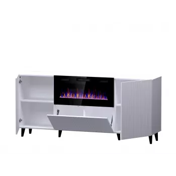 Cómoda con chimenea eléctrica Cama Meble PAFOS, 180 x 42 x 82 cm, blanco mate, 1400–1600 W, sin tiradores, 3 puertas, 2 estantes