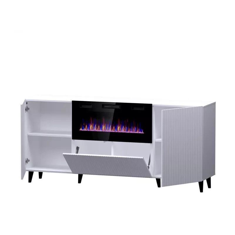 Cómoda con chimenea eléctrica Cama Meble PAFOS, 180 x 42 x 82 cm, blanco mate, 1400–1600 W, sin tiradores, 3 puertas, 2 estantes