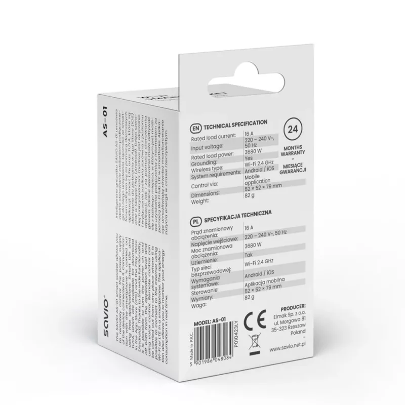 Toma de corriente inteligente SAVIO AS-01 16A Wi-Fi 2,4 GHz, conector tipo E/F, 220–240 V, 3680 W, blanca