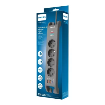 Regleta con protección contra sobretensiones Philips 4 tomas 2 m cable 3×US