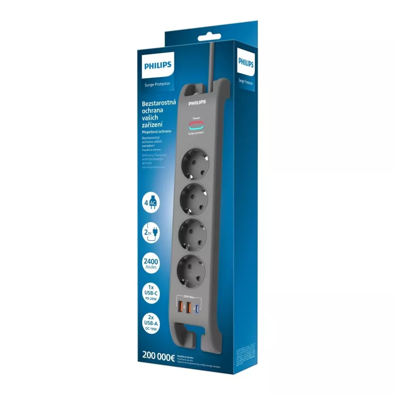 Regleta con protección contra sobretensiones Philips 4 tomas 2 m cable 3×US
