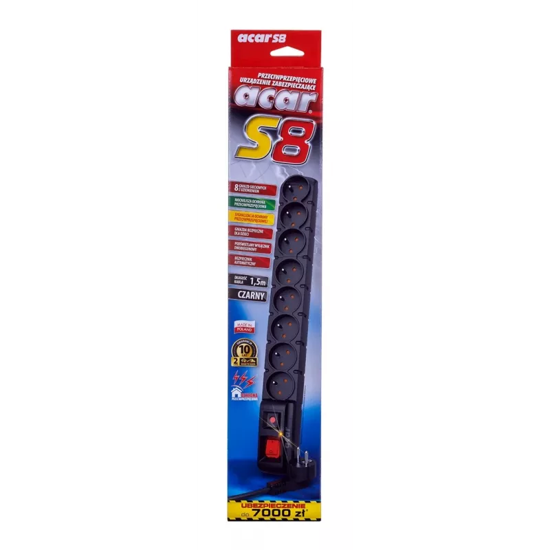 Regleta con interruptor: 8 tomas, cable de 1,5 m, negro