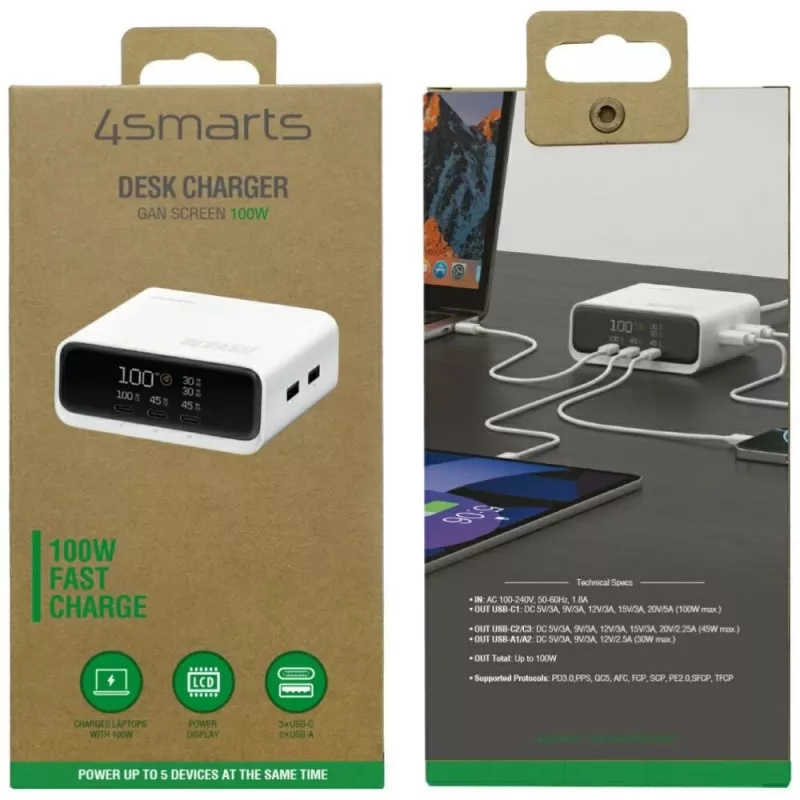 Estación de carga Deck 100W GaN 3xUSB-C +2xUSB
