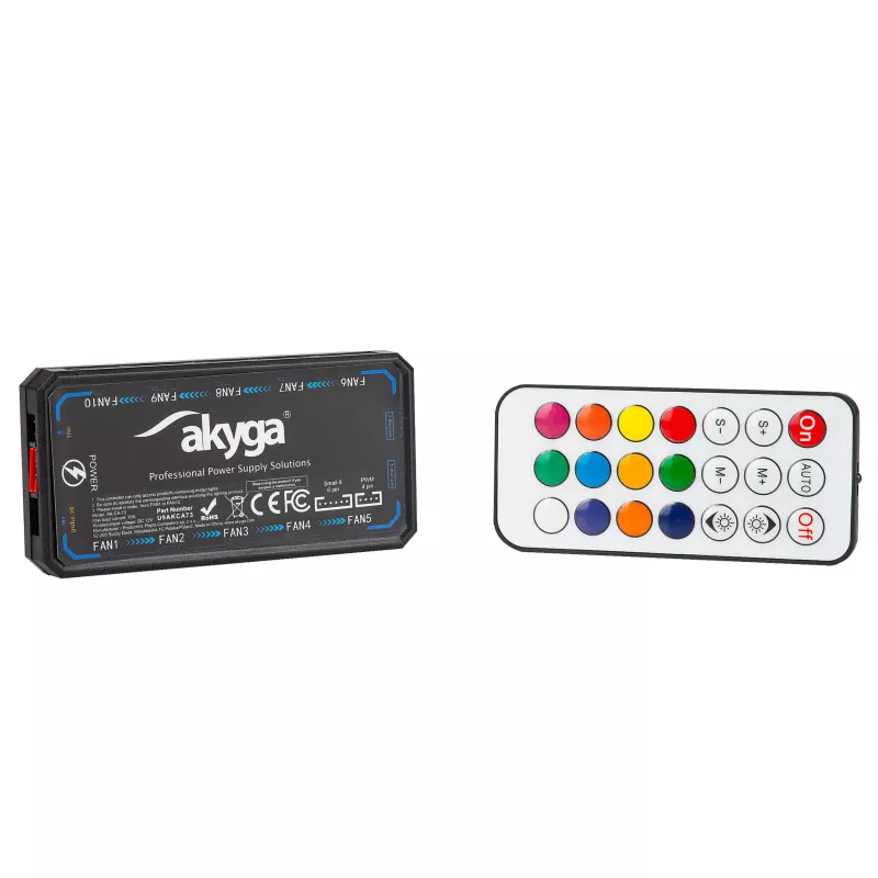 Akyga AK-CA-73 controlador de ventiladores RGB con mando a distancia, 12 conexiones (10 ventiladores + 2 tiras LED), alimentación Molex