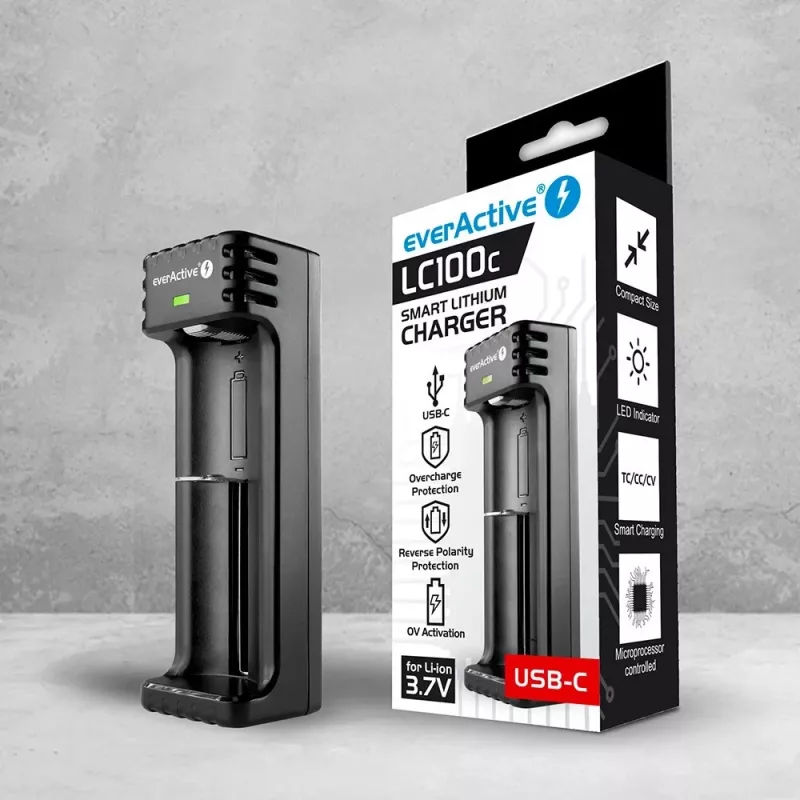 Cargador everActive LC100C USB‑C para celdas de Li‑Ion, entrada USB‑C, modelo LC100C