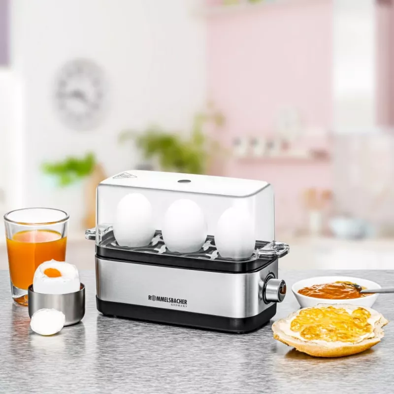 Huevos cocidos Rommelsbacher ER 300 — 3 huevos acero inoxidable, 300 W, tapa transparente