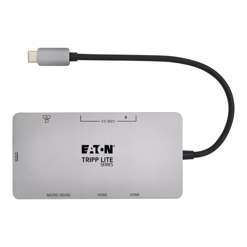 Dock USB-C Eaton Tripp Lite, doble pantalla - 4K 60 Hz HDMI, USB 3.2 Gen 1, hub USB-A, GbE, tarjeta de memoria, función de carga PD 100W, gris - Estación de acoplamiento - USB-C - 2 x HDMI - 1GbE (U442-DOCK