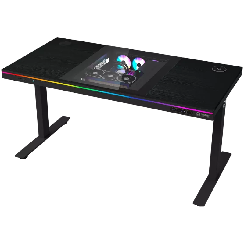 Mesa gaming de altura ajustable sentado/de pie con doble motor, caja de PC integrada, cargador inalámbrico, iluminación RGB, panel de control y puertos USB, tablero de melamina PB, negro