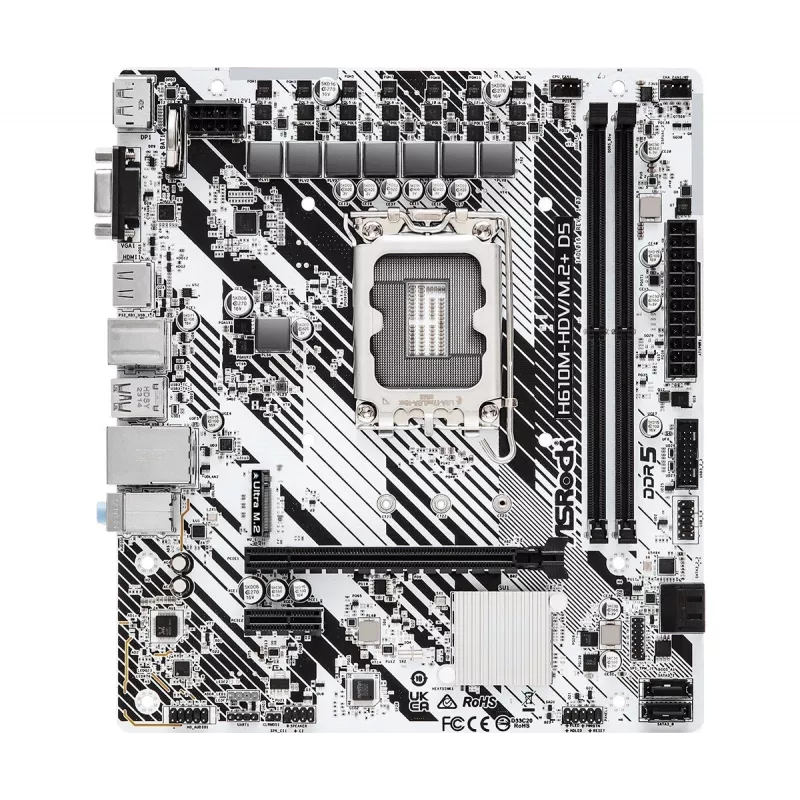 ASRock H610M-HDV/M.2+ D5 placa base, Intel H610, LGA 1700, Micro-ATX, 2x DDR5 DIMM (máx. 96 GB), PCIe 4.0 x16, 1x M.2, 4x SATA III, HDMI, DisplayPort, VGA, USB-C 3.2 Gen 1, Gigabit LAN